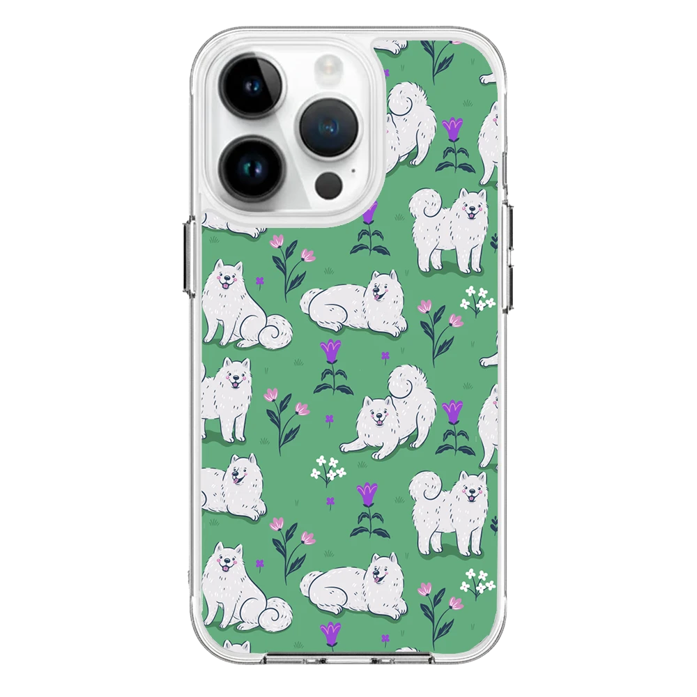 forro transparente iphone 14 pro diseno samoyedo flores